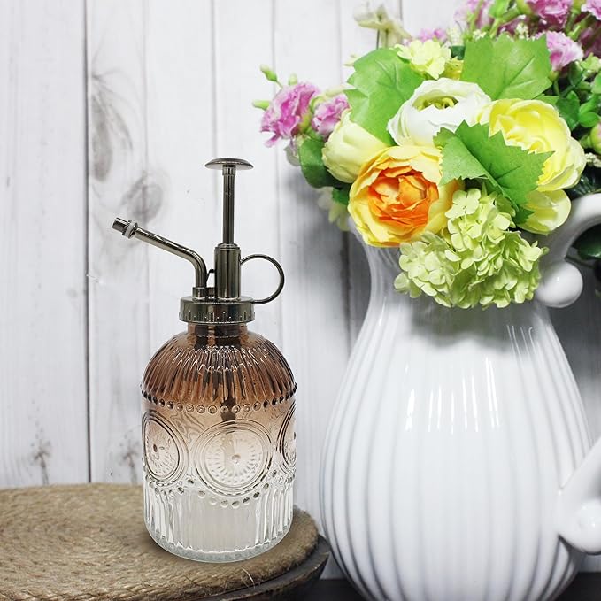 Glass Plant Mister Spray Bottle, 350ML Vintage Plant Spritzer with Top Pump Watering Can for Indoor Outdoor House Plants, Flowers (Brownish-White)