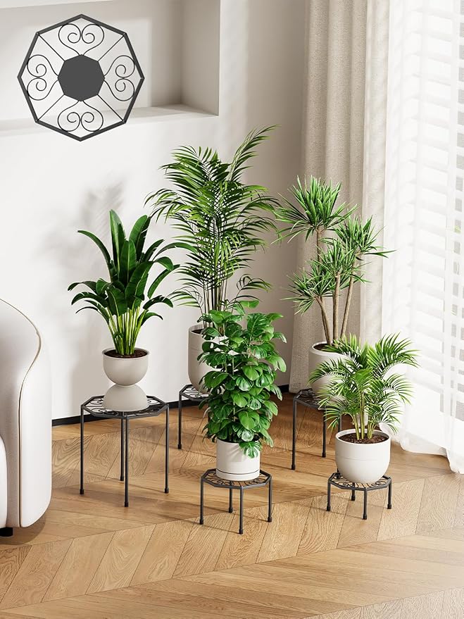 5-Pack Metal Plant Stands for Outdoor Indoor, Anti-Rust Iron Flower Pot Stand, Heavy Duty Plant Pot Shelf for Multiple Plant, Decoration Racks for Home, Patio & Garden (Black)