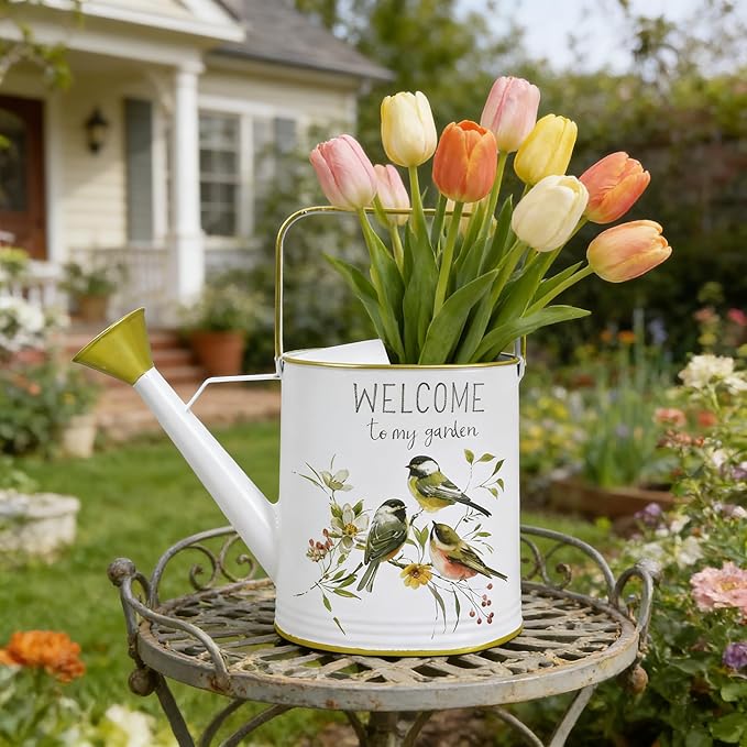 Vintage Decorative Metal Watering Can - Welcome to My Garden with Charming Bird & Floral Design, Rustic Farmhouse Watering Pot Planter for Indoor/Outdoor Plant Care