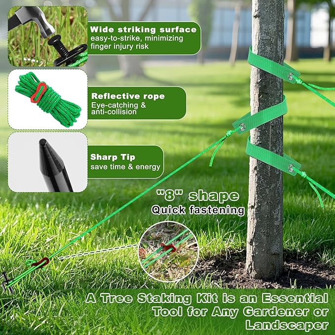Fabulas Tree Stakes Kits, 4 Pcs 11.8 Inch Heavy Duty Steel Stakes and Supports for Leaning Young Trees Straightening with 4 Pcs Support Straps and 13.2ft Anchor Ropes, Against Strong Wind Bad Weather