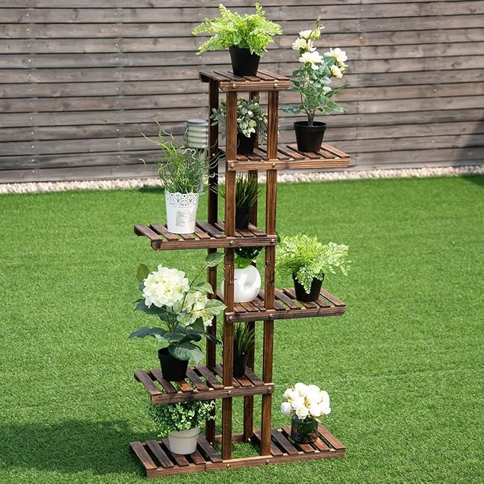 GRAFFY 6 Tier Flower Rack Wood Plant Stand, Flower Pot Holder 7 Shelves, Bonsai Display Shelf with Hollow Design, Multifunctional Storage Rack, Outdoor Indoor Flower Rack for Yard Garden Patio Balcony