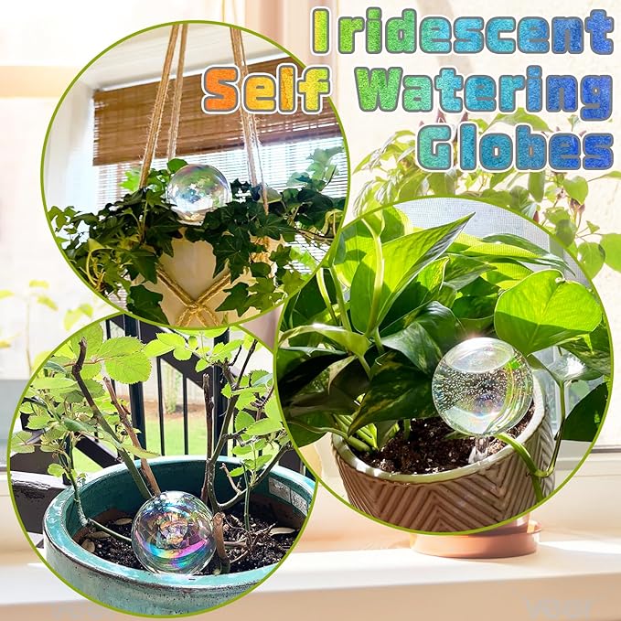 Bvrbaory 2 Pcs Iridescent Self Watering Globes,Rainbow Plant Watering Insert,Automatic Plant Waterer Glass Bulbs,Clear Glass Plant Water Globes for Indoor and Outdoor