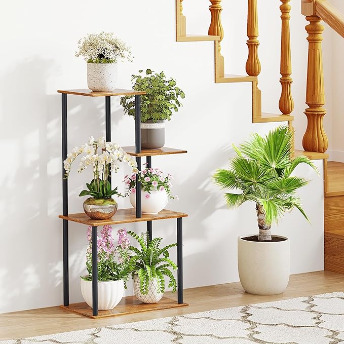 Plant Stand Indoor, 4-Tier Plant Shelf Multiple Metal Wood Flower Pot Holder for Living Room Office Balcony Patio, Rustic Brown