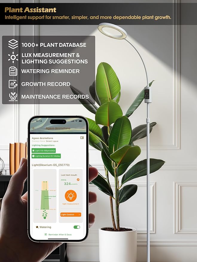 Smart Grow Lights for Indoor Plants, 24W Plant Light with Auto-Timer, Full Spectrum LED Grow Light, Adjustable Height & Stepless Dimming,Plant Assistant Suitable for Most Plants (White)