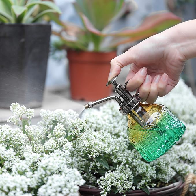 T4U Glass Plant Mister 200ML, Vintage Spray Bottle with Top Pump Fine Mist Garden Flower Sprayer Small Decorative Spritzer Watering Can Gift for Indoor Outdoor Succulent House Plant (Gradient Color)