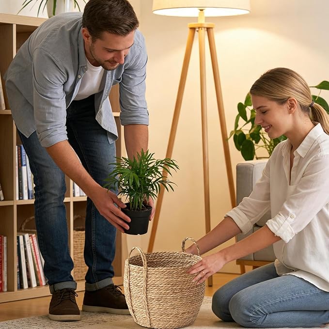 Rattan Planter, Woven Plant Basket, Seagrass Pot Rustic Woven Planter, Decorative Flower Pot with Sturdy Handle, Natural Decorative Storage, for Plants Indoor Balcony Garden Yard Living Room