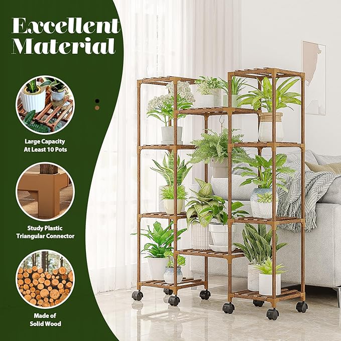 GENTINGBRO Plant Stand with Wheels Outdoor Indoor Hanging Plant Shelf for Multiple Plants Tall Large Holder for Living Room Patio Balcony Garden Corner Mobile