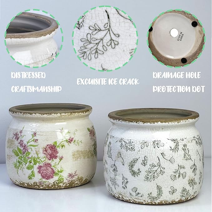 Dosayes Vintage Ceramic Ice Crack Flower Pot with Drainage Holes, Country Rustic Planters for Indoor and Outdoor,Tuscan Decor,Home,Living Room, Garden Decor, Gardening Gift (Retro)