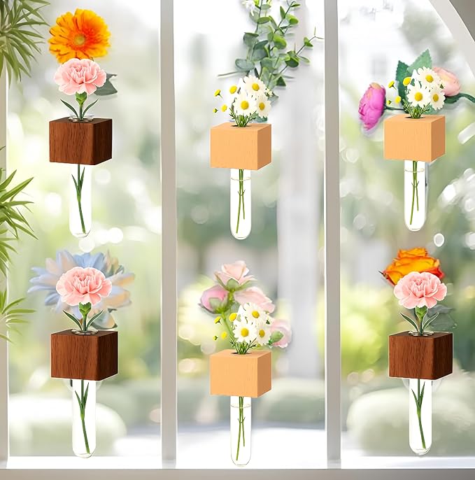 6PCS Mini Plant Propagation Station Set - Glass Test Tube Vases with Magnet and Adhesive Backed Wooden Holders for Window, Fridge, Wall, Office, Kitchen Decor, Home Plant Display