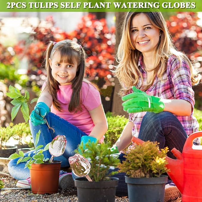 2Pcs Tulips Self Plant Watering Globes, Glass Self Watering Planter Insert, Automatic Plant Waterer Devices Indoor Outdoor (Pink)