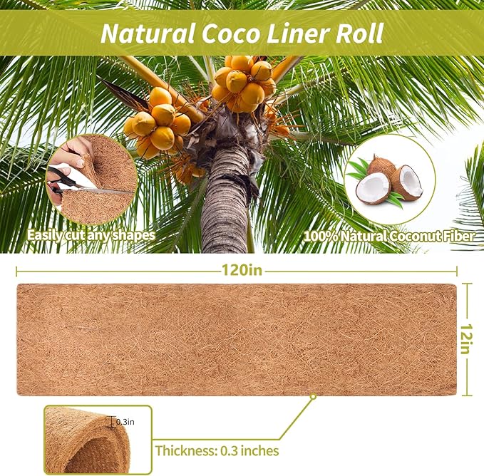Legigo 12X120 Inch Natural Coco Liner Roll, Coconut Liners for Planter Window Box Hanging Basket, Coconut Coir Roll Coco Fiber Mat for Garden Decoration DIY Moss Poles Pet Pad Reptiles Carpet