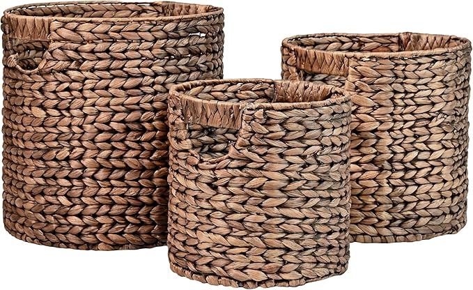 happimess BSK2011B-3SET Avery Bohemian Cottage Handwoven Hyacinth Cylinder Nesting Wicker Storage Baskets with Handles, Brown (Set of 3), Seagrass Containers for Decoration in Living Room, Bedroom