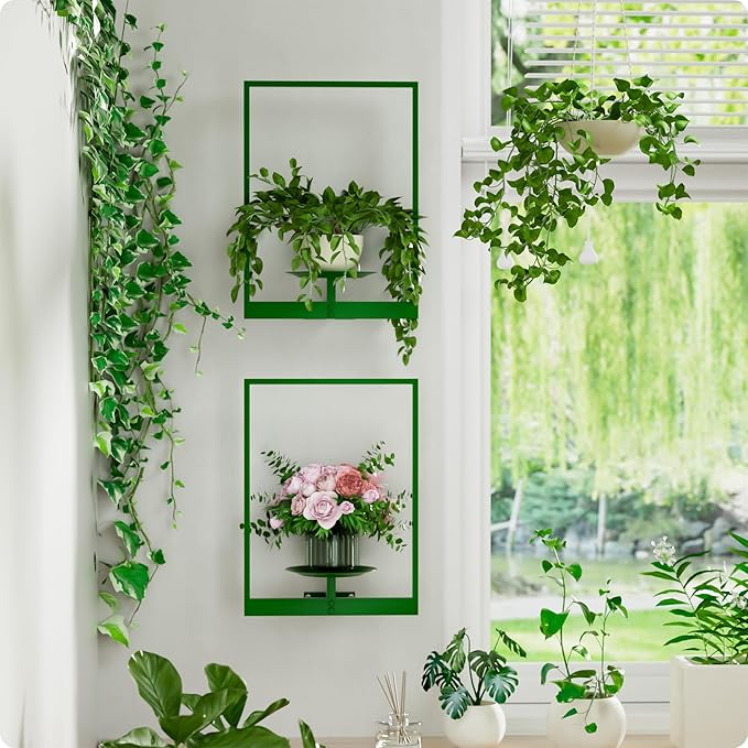 Green Metal Wall Plant Holder - 3-Pack Wall Mounted Plant Stands and Hanging Holders for Indoor Planter and Flower Pot -Rectangle Decor Shelf for Plant Storage (Pot Not Included)