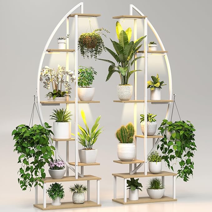 Plant Stand Shelf Indoor with 6 Grow Light, 7 Tiered 65" Tall White Large Half Moon Lighted Plant Rack Holder, 2 Pack Big High Circular Arch Multi Herb Stand with Built in LED Grow Light Set
