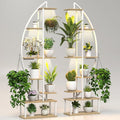 Plant Stand Shelf Indoor with 6 Grow Light, 7 Tiered 65" Tall White Large Half Moon Lighted Plant Rack Holder, 2 Pack Big High Circular Arch Multi Herb Stand with Built in LED Grow Light Set