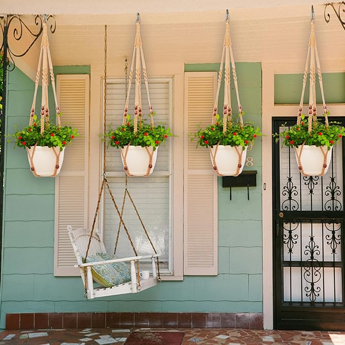 petonfun Macrame Plant Hanger Indoor Set,Hanging Planters for Indoor Plants Outdoor,Hanging Plant Holder Basket Pot with 8 Hooks,Boho Home Decor Crochet Beads Window Ceiling,No Tassels 4 Pack,Brown