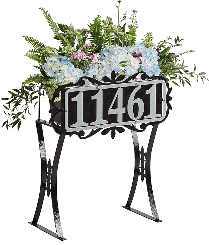 Floret Personalized Metal Planter Stand | Indoor, Porch, Patio, or Outdoor Use | Custom Family Last Name or House Address Numbers | Silver and Black Durable Finish | Raised Planter Stand