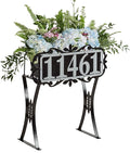 Floret Personalized Metal Planter Stand | Indoor, Porch, Patio, or Outdoor Use | Custom Family Last Name or House Address Numbers | Silver and Black Durable Finish | Raised Planter Stand