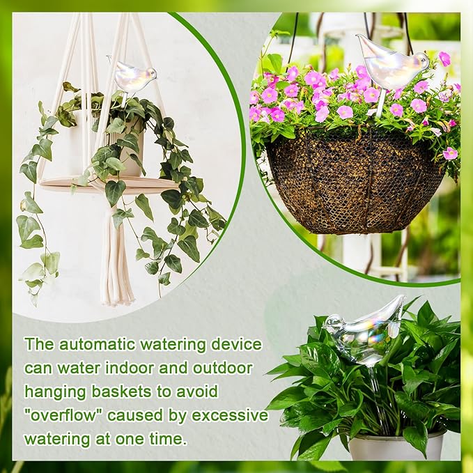 Qinyoung 2 Pack 17oz Bird Shaped Plant Watering Globes Large Clear Glass Self Watering Globes Planter Insert Spikes Drip Devices Rainbow Color Watering Bulbs Irrigation System Gifts for Plant Lover