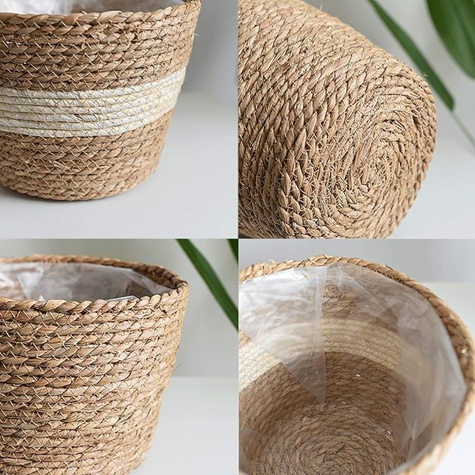 Seagrass Basket Planter, Flower Pot Cover, Storage Basket, Plant Container, Hand Woven, Plastic Liner, Beige, 7 Inch, Indoor/Outdoor