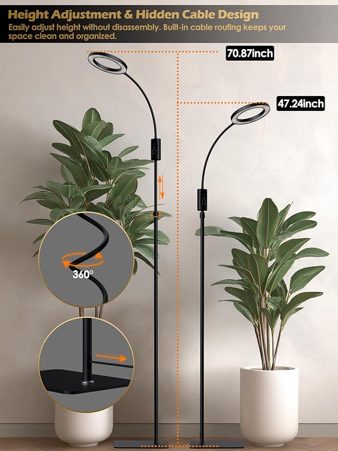 Smart Grow Lights for Indoor Plants, 24W Plant Light with Auto-Timer, Full Spectrum LED Grow Light, Adjustable Height & Stepless Dimming,Plant Assistant Suitable for Most Plants (Black)