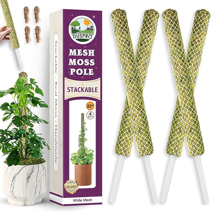 DUSPRO 4 Pack 22" White Stackable Mesh Moss Pole for Plants – Extendable Up to 71", Natural Forest Moss Pole Monstera Plant Support, Moss Stick for Climbing Plants, Indoor Plant Stakes Accessories
