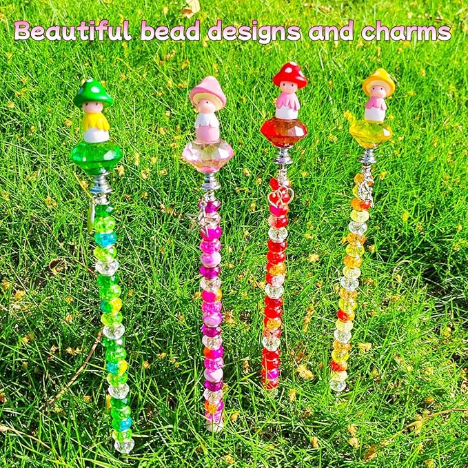 Fairy Garden Accessories Outdoor Kit - DIY Fairy Wand Beaded Garden Stakes Decorative with Miniature Mushrooms Figurine for Different Festivals, Beadable Items (Mushrooms)