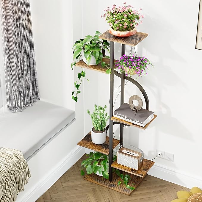 REFGY 6-Tier Tall Plant Stand with Hanging Hook, Multi-Tiered Vertical Flower Pot Holder for Indoor Outdoor, Heavy Duty Metal Plant Shelf for Corner, Living Room, Balcony, Patio, Rustic Brown
