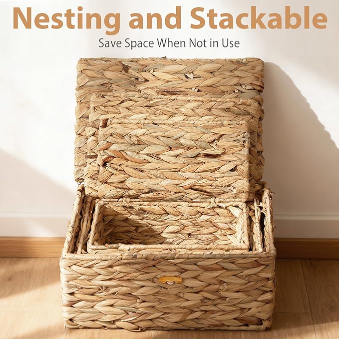 Handwoven Wicker Baskets Decorative Storage Boxes with Lids Set of 3, Natural Water Hyacinth, Nesting Organizer Boxes for Closet, Shelf, Home Decor