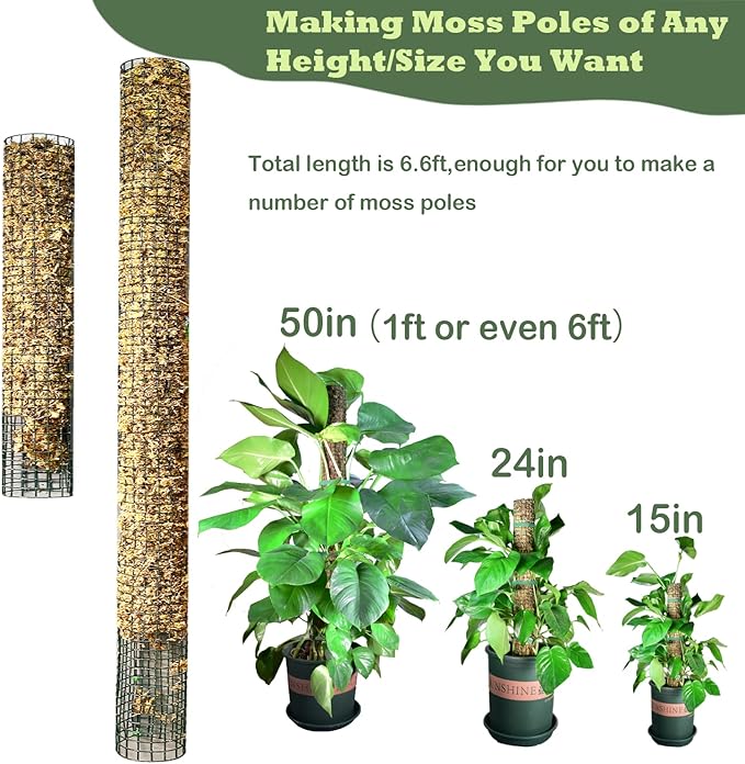 Moss Pole DIY Kit, 6.6ft Metal Moss Pole for Plants Monstera, 2Pcs 8.3in×3.3ft Steel Wire Mesh with Cable Zip Ties, Max Make 4Pcs 20" Sphagnum Moss Pole (6.6ft Wire Mesh Without Plier)