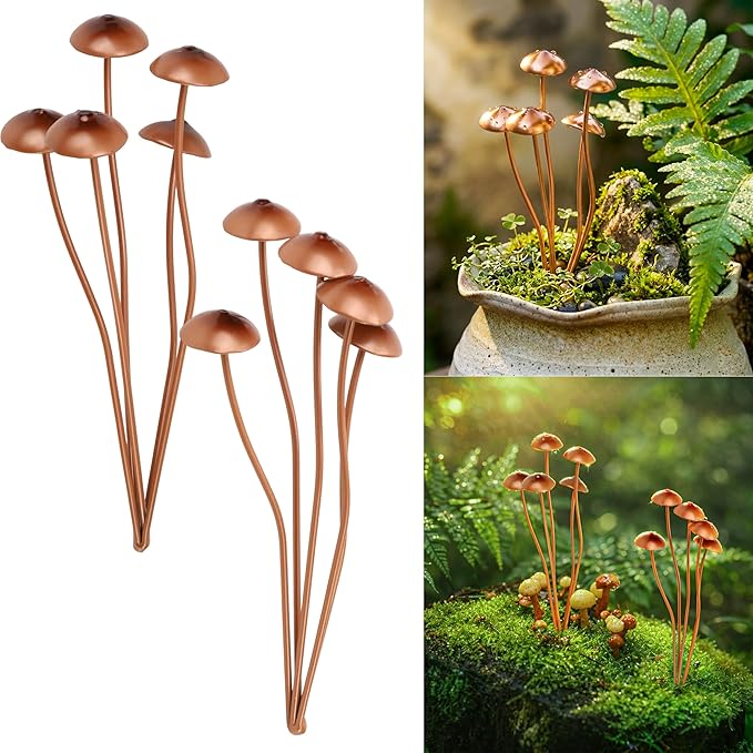 Mushroom Garden Plant Stakes – 2pcs Metal Statue Decor, Rust-Proof Iron Ground Ornament, Decorative Art Accessories for Outdoor Patio Lawn Yard, Flower Pot, Potted Plants, Indoor Gardeners Gift Lovers