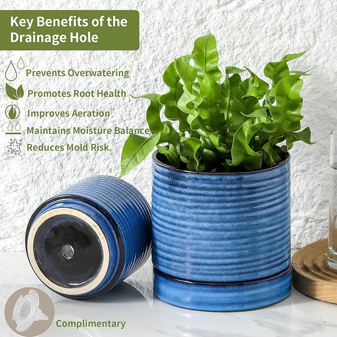 HASENSE 3 Piece Ceramic Plant Pots, 8/6/4.6 Inch, Indoor Pot for Plants with Drainage Holes and Saucer, Modern Flower Planter for Home Office, Rective Glaze Blue