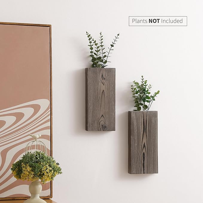 Wood Wall Planter Set of 2, Wood Wall Pocket for Greenery and Dried Flowers, Indoor Wood Hanging Vase, Modern Farmhouse Wall Decor for Living Room Bedroom Office Eucalyptus Stems Decorations (Grey)
