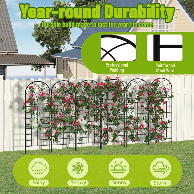 Garden Trellis for Climbing Plants, 6 Pack 75.6" Wx 64.6" H Rustproof Flower Trellis with Black Coating, Outdoor Climbing Rose Trellis Cucumbers Support for Courtyards Lawns (Square Grid, 6 Pieces)