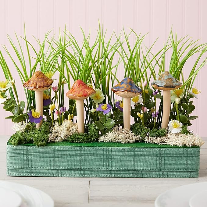 Juvale Ceramic Outdoor Mushrooms Plant Stakes - 5 in, Assorted Brown, Red, Orange & Green, 4-Pack - Set of Garden Mushrooms for Planter Pots & Indoor & Outdoor Garden Decor