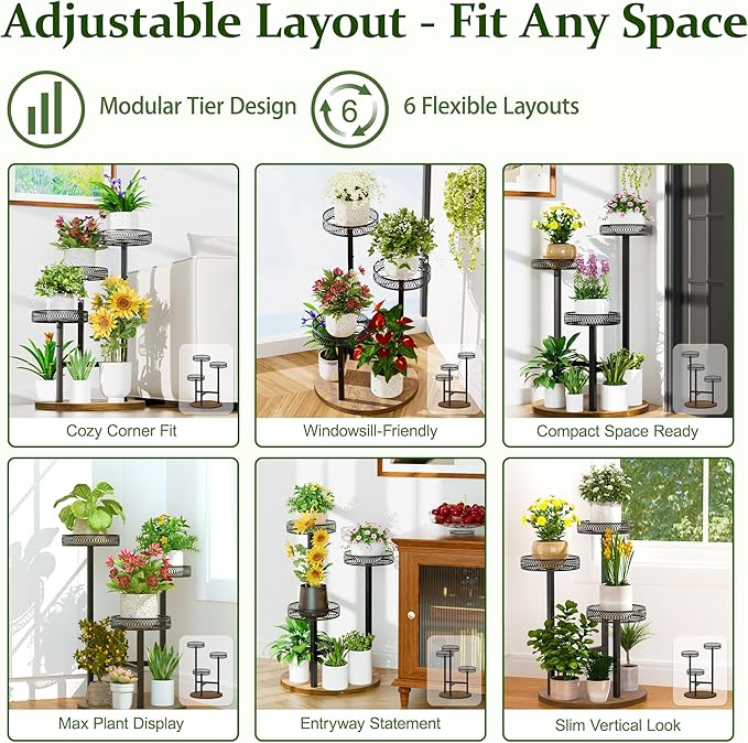 Black Stand Plants, 3-Tier Metal Plant Stands for Outdoor Indoor Plants,Heavy Duty Flower Pot Stands for Multiple Plants,Decoration Display Racks for Patio Garden -BlackFlower