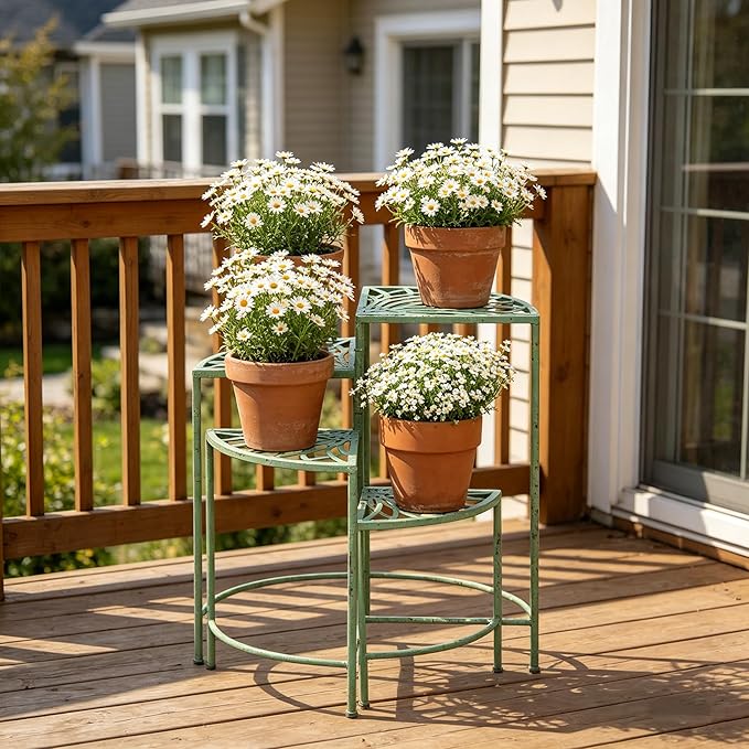 Vintage 4-Tier Metal Plant Stand for Indoor Outdoor Rustic Foldable Fan Shape Corner Plant Rack Distressed Green Flower Pot Holder Shelves for Patio Porch Garden Balcony Living Room (Green)