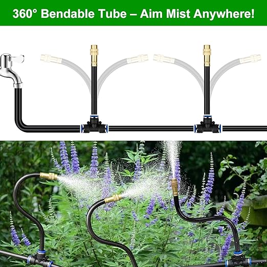 60FT Drip Irrigation System for Garden – Automatic Watering Kit with Solid Brass Metal Connectors, 360° Bendable Tubing &16 Adjustable Nozzles for Greenhouse, Lawn, Yard & Plants