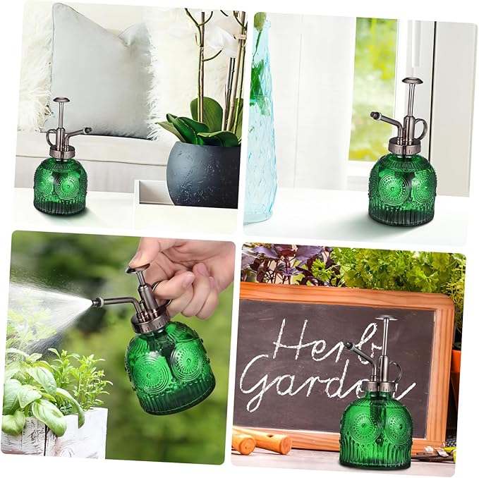 PartyKindom Embossed Glass Spray Water Bottle for Plants Green and Antique Plant Handed Garden Mister with Smooth Consistent Spray Pattern for Indoor and Outdoor Use
