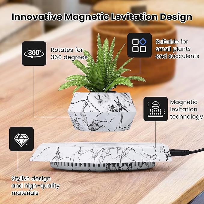 Levitating Plant Pot, Magnetic Levitation Flower Pot Suspension Floating Plant Succulents, Air Bonsai Potted Plant for Home Decoration, Living Room, Office, Desk (Marble)