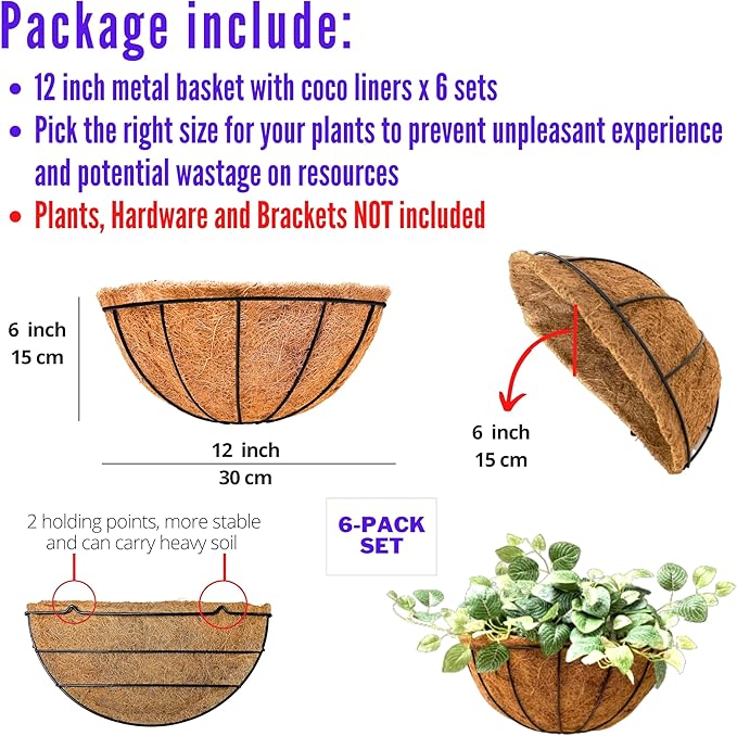 LaLaGreen Wall Hanging Planters for Plants (6 Pack, 12 Inch) Wall Mounted Flower Baskets with Coco Liner, Black Metal Iron Wire Plant Holder for Outdoor Fence Railing Outside Deck Porch Balcony Garden
