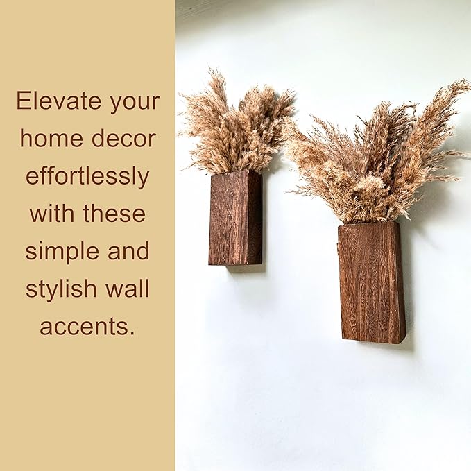 LaLaGreen Wood Wall Planters (8 Inch, 2 Pack) 16 Stalks of Pampas Grass Dried Flower, Wooden Box Vases for Indoor Hanging Planter Rustic Decor Home Living Room Bathroom Modern Farmhouse Decoration