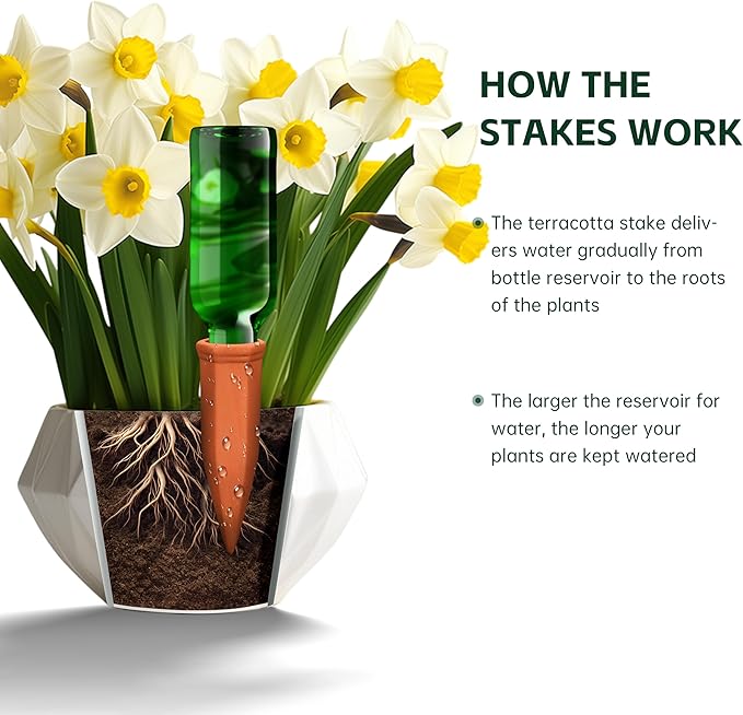 Soilagua Terracotta Watering Spikes, Wine Bottle Watering Stakes, Slow Release Self Watering Planter Insert for Out | Indoor Plants, Vacation Plant Watering Devices, Automatic Plant Waterer, 4-Pack