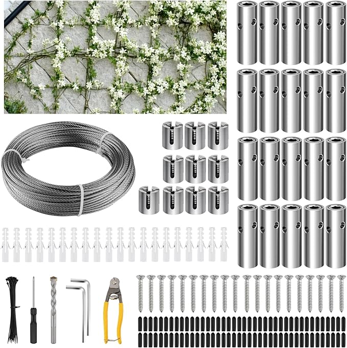 185PCS Garden Wire Trellis for Climbing Plants, Kalolary 30M Stainless Steel Heavy Duty Wire Trellis Kit Wall Plant Climbing T316 Steel Wire Rope Cross Clamp Cable Trellis System Kit for Flower Vines