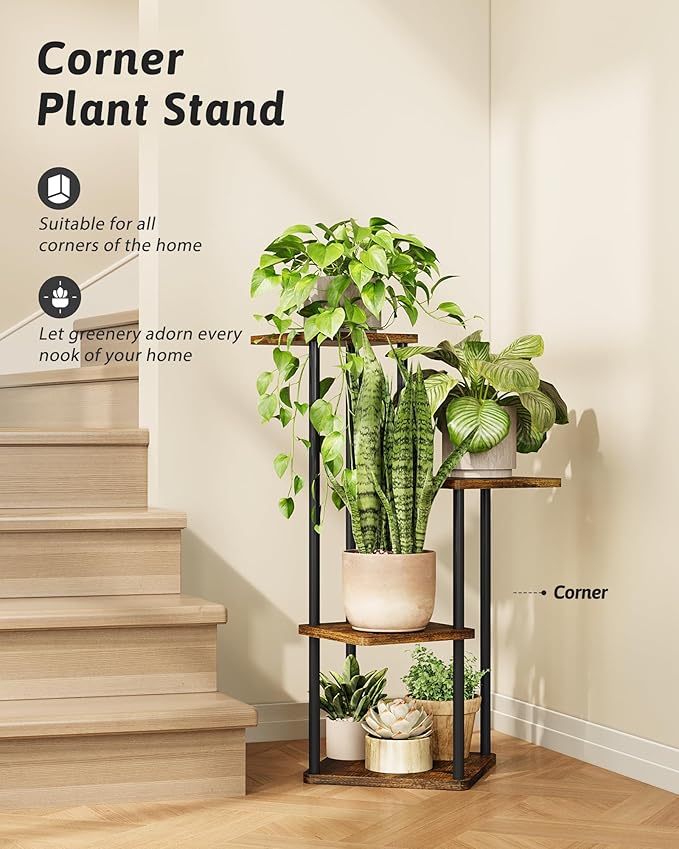 GENTINGBRO Tall Plant Stand Indoor 4 Tiered Plant Shelf for Multiple Plants Coner Shelf Stand Wood Plant Stand Metal Shelving for Living Room Bedroom Balcony Patio Brown Oak