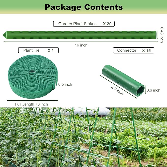 Garden Stakes 16" 20pcs, 0.43 inch Diameter Plant Stakes for Indoor Outdoor Plants, DIY 3ft 4ft 5ft 6ft Sturdy Steel Tomato Stakes with 15 Connectors, Plant Support Stakes for Climbing Plants