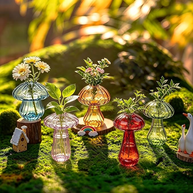 Mushroom Glass Propagation Station for Plants: Set of 5 Colored Vases Terrarium Kit for Home Office Indoor Hydroponics Decor - Birthday Gifts for Women Mom Grandma