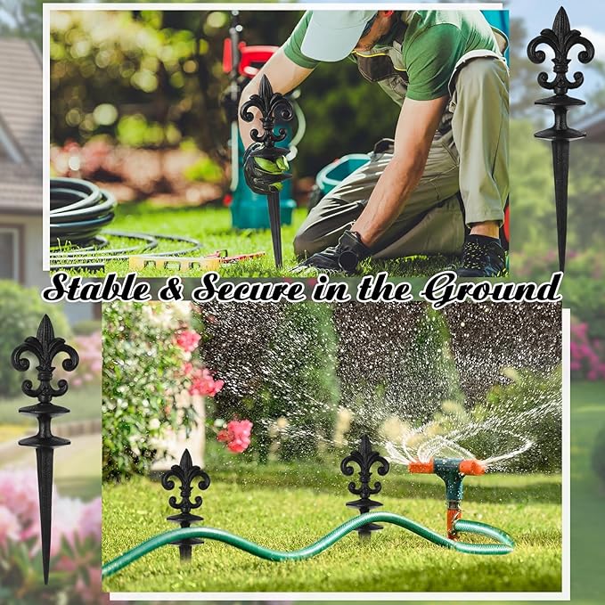 4 Pcs Antique Garden Hose Guide Spike, 13.7" Fleur De Lis Decorative Cast Iron Finial Stakes Heavy Duty Metal Plant Saver Tools Outdoor Hose Protection for Lawn Yard Patio(Black,Single Style)