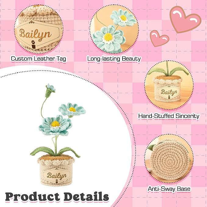 Crochet Flowers with Personalized Leather Name Tag Handmade Knitted Flowers for Home Office Desk Decor Crochet Zinnia Potted Plant for Women Crochet Everlasting Flower Birthday Gifts(Blue)