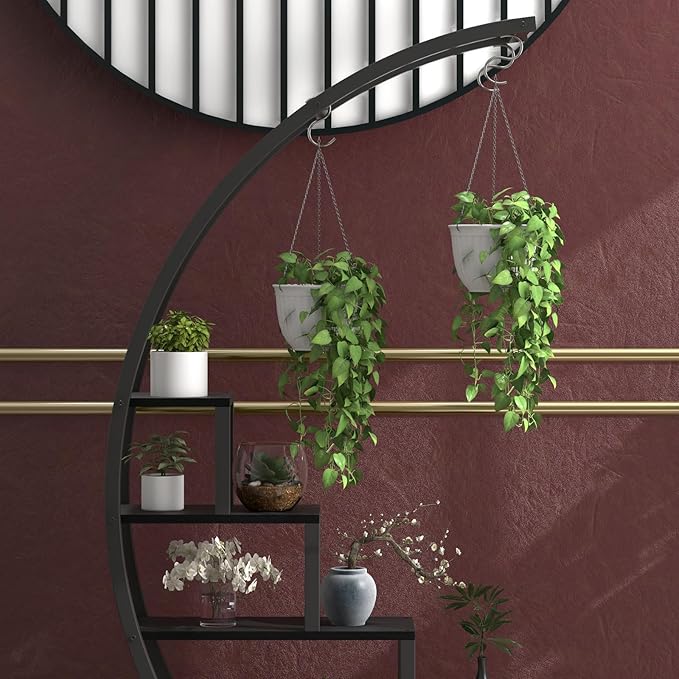 Patikuin 5-Tier Half Moon Metal Plant Stand Set of 2 – Tall Indoor & Outdoor Ladder Flower Shelf Rack with Hanging Hooks, Modern Multi-Tier Display for Living Room, Balcony & Garden